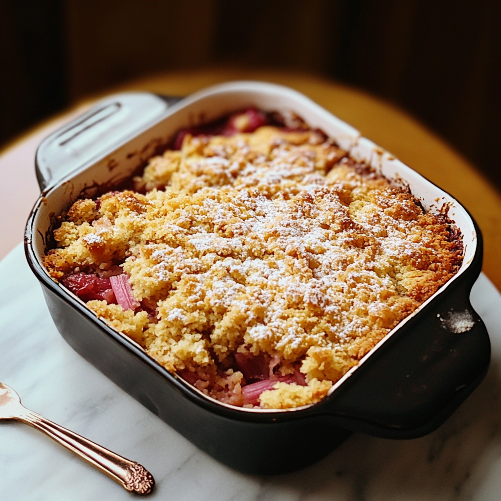 Rhubarb Dump Cake – A Quick and Comforting Classic Fresh-baked rhubarb dump cake in a baking dish with crispy golden topping
