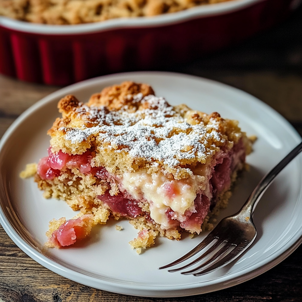 Easy Rhubarb Dump Cake Recipe – Perfect for Any Occasion Sliced rhubarb dump cake served on a plate with whipped cream
