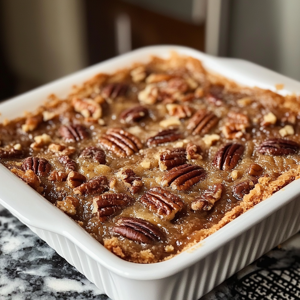 Pecan Pie Dump Cake – Easy, Gooey & Incredibly Delicious Sliced pecan dump cake served on a white plate with pecans on top