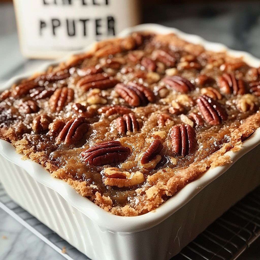 Dump Cake Meets Pecan Pie – The Ultimate Easy Dessert Homemade pecan pie dump cake fresh out of the oven with golden brown top
