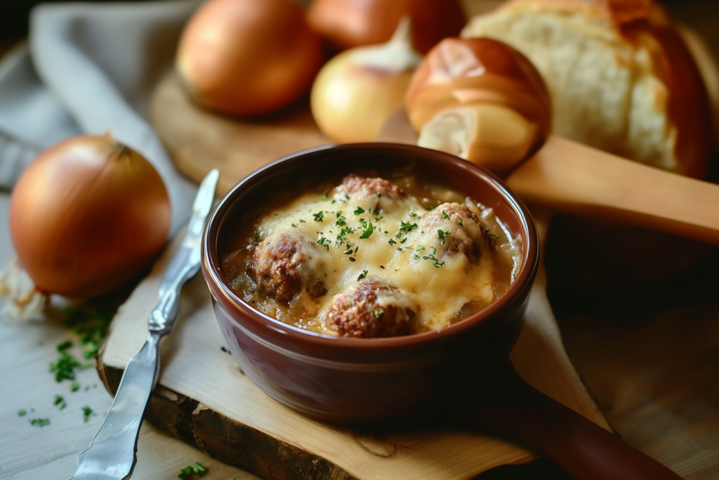 Slow Cooker French Onion Meatballs – Easy & Delicious Dinner Recipe Juicy meatballs in French onion sauce garnished with herbs and melted cheese