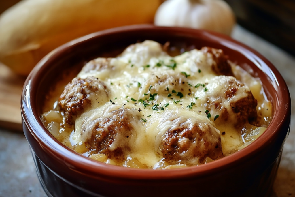 Crock Pot French Onion Meatballs – A Cozy & Flavorful Comfort Dish-72ce-4fa0-a5a1-e1f569fe2ed8 Slow-cooked French onion meatballs in rich gravy served in a bowl