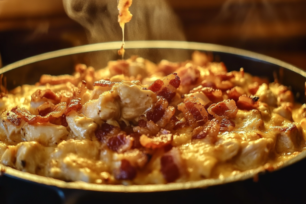Creamy Chicken Bacon Crunch Casserole – A Family Favorite Close-up of creamy chicken casserole with bacon and crispy cracker topping