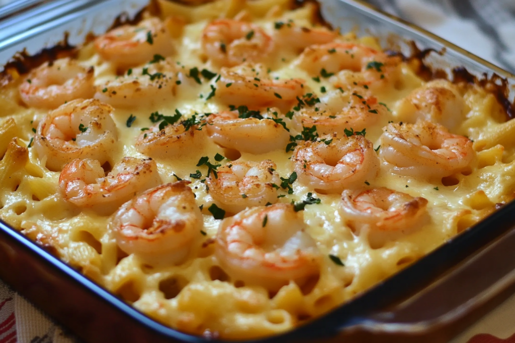 Shrimp Scampi Pasta Bake – A Cheesy Twist on a Seafood Favorite-0034-45f4-b185-5c7efa82c5f7 Golden baked shrimp scampi pasta with cheese and herbs on top