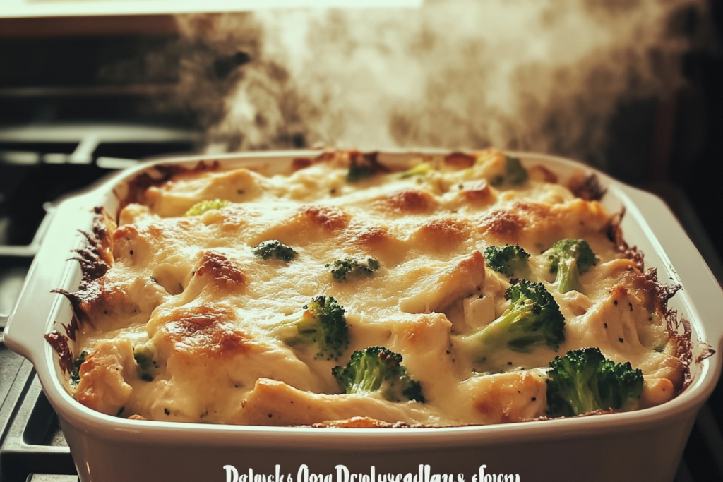Creamy Chicken & Broccoli Alfredo Pasta Bake-8726-431e-95c6-c25bdbc84be8 Creamy Alfredo pasta bake with chicken, broccoli, and golden cheese on top