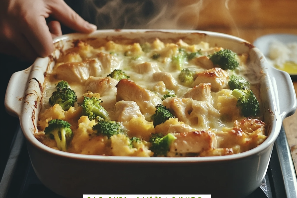 Chicken & Broccoli Alfredo Bake – A Creamy and Comforting Dinner-ae9e-46ff-a86b-ac8f86f723a2 Chicken and broccoli Alfredo bake with melted cheese in a casserole dish