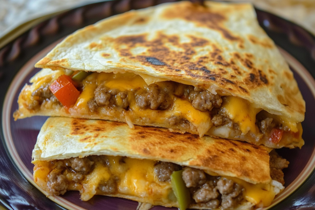 Cheeseburger Quesadillas – A Fun Twist on a Classic Favorite-5b12-4d63-a118-c956be6bd1fb Crispy cheeseburger quesadillas filled with beef, cheese, and pickles