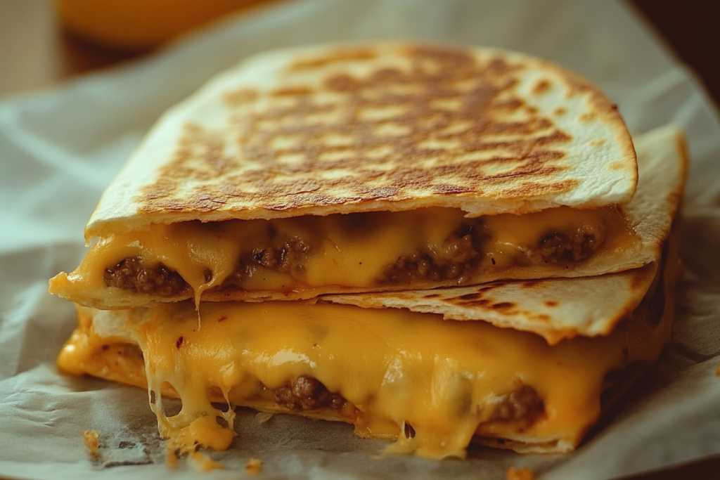 Easy Cheeseburger Quesadillas – Quick & Tasty Dinner Idea Golden cheeseburger quesadillas sliced and served with dipping sauce