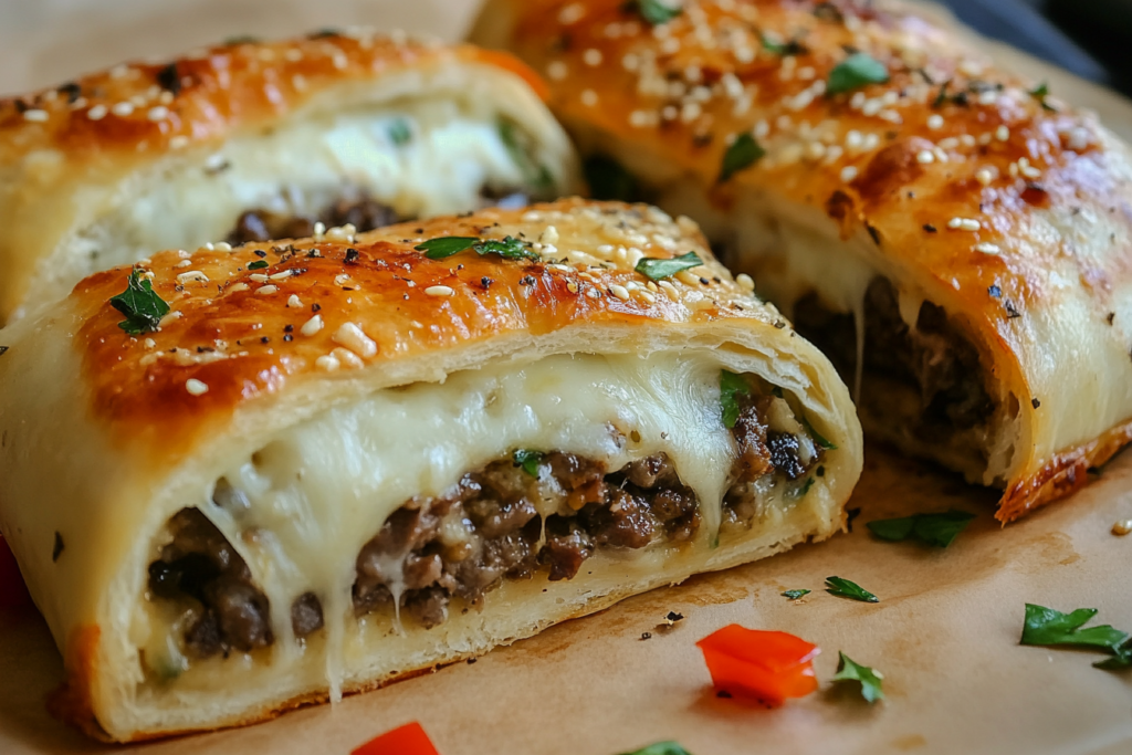 Philly Cheesesteak Stromboli Roll-Up – A Cheesy Take on a Classic-800f-401e-bdf5-f99491aef4fb Sliced Philly cheesesteak stromboli roll-up with melted cheese and steak strips