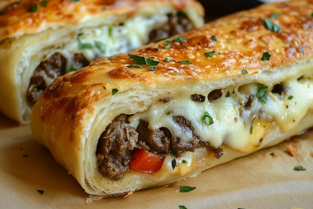 Classic Philly Cheesesteak Gets a Stromboli Twist Roll-up filled with steak, peppers, onions, and gooey cheese slices