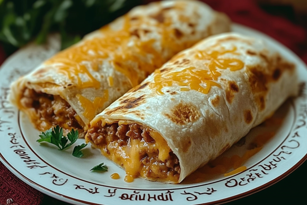 Cheesy Beefy Burritos – A Simple and Satisfying Dinner Beef and cheese burritos sliced open to show melted cheese and seasoned meat