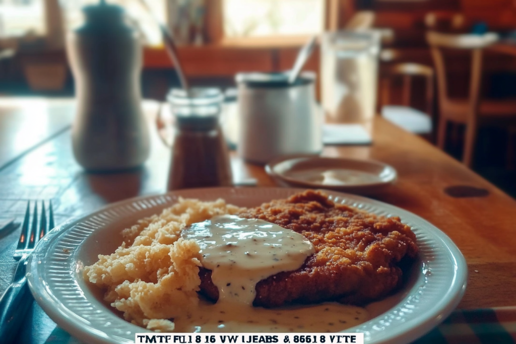 Crispy Chicken Fried Steak with Country Gravy – Southern Comfort Classic Chicken fried steak topped with creamy white country gravy on a white plate