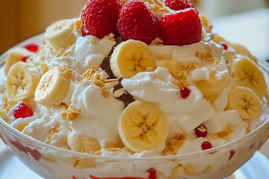 Easy Banana Split Fluff Recipe – A Classic Treat Made Simple-fcba-45b7-ac03-aa2ccea830e2 Creamy banana split fluff served in a bowl with sprinkles and cherries on top