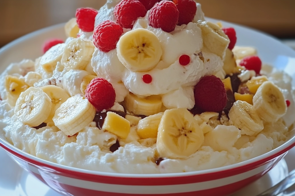 Banana Split Fluff – The Ultimate No-Bake Dessert-00e8-4215-af7d-340f7f79debe Banana split fluff dessert with cherries, pineapple, and whipped topping