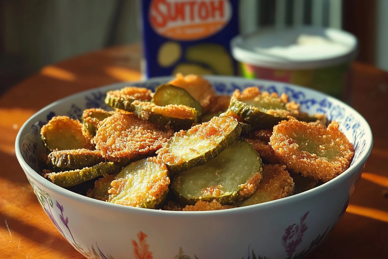 A plate of crispy fried pickles served with dipping sauce.