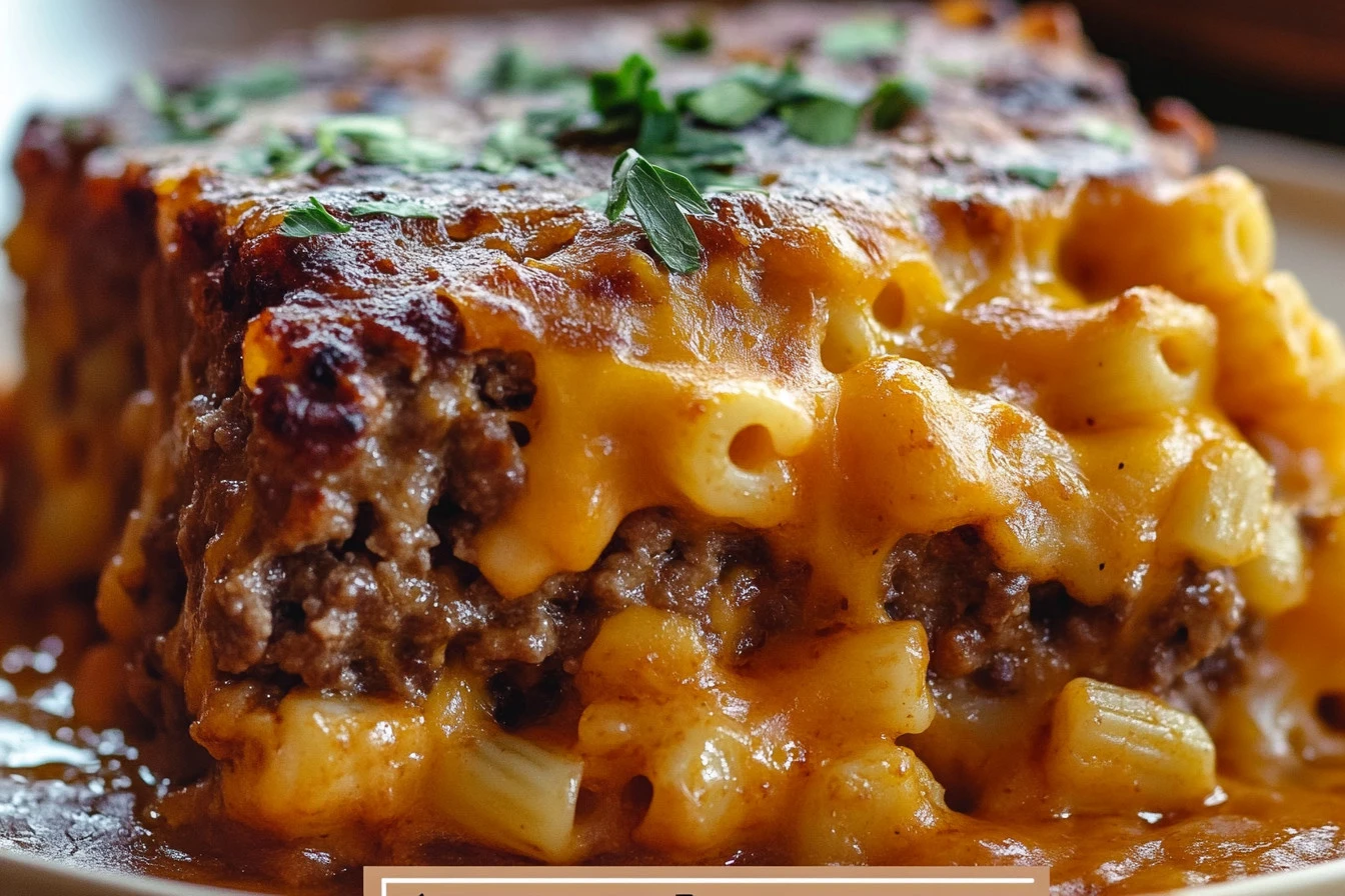 Delicious Mac and Cheese Meatloaf Casserole served hot and cheesy.