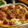 Delicious Meatball and Mashed Potato Bake served in a casserole dish