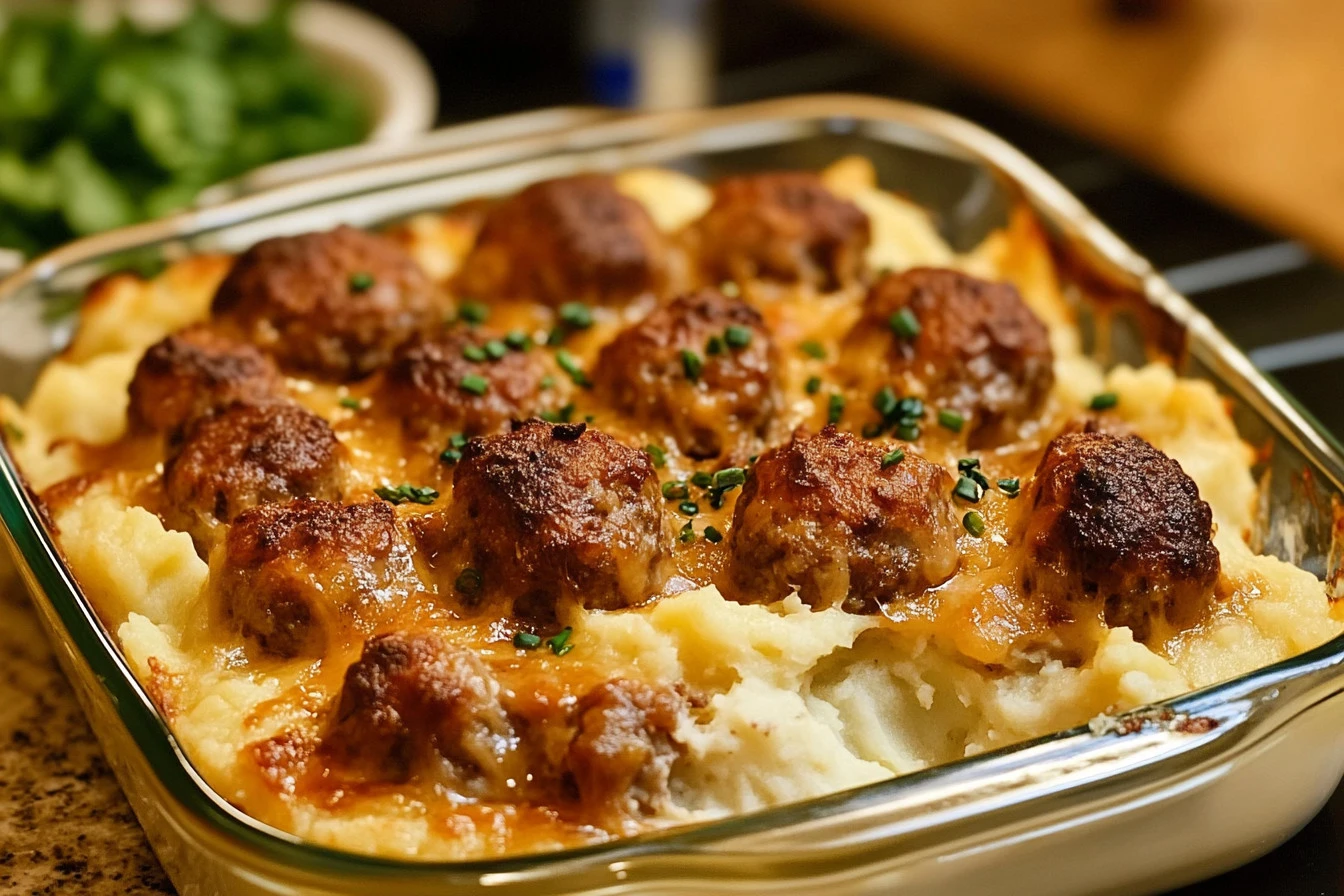 Delicious Meatball and Mashed Potato Bake served in a casserole dish