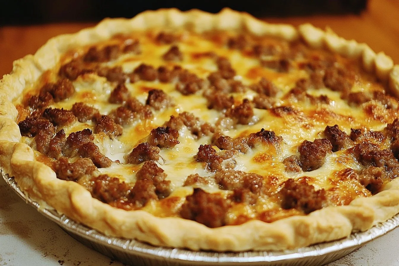 Delicious Monterey Sausage Pie served on a rustic wooden table