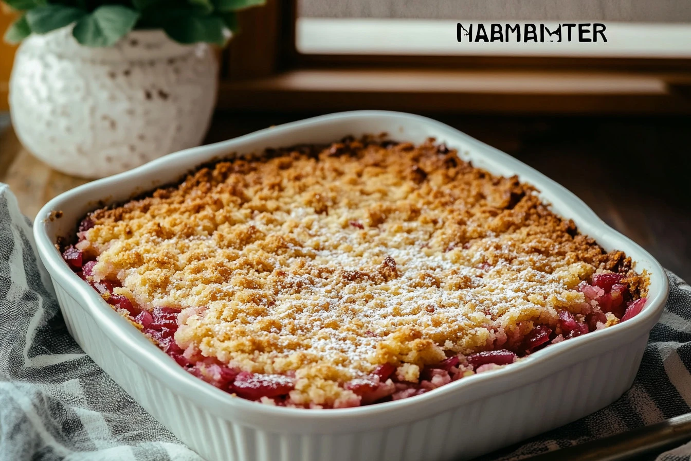 Freshly baked rhubarb dump cake served with a scoop of vanilla ice cream.