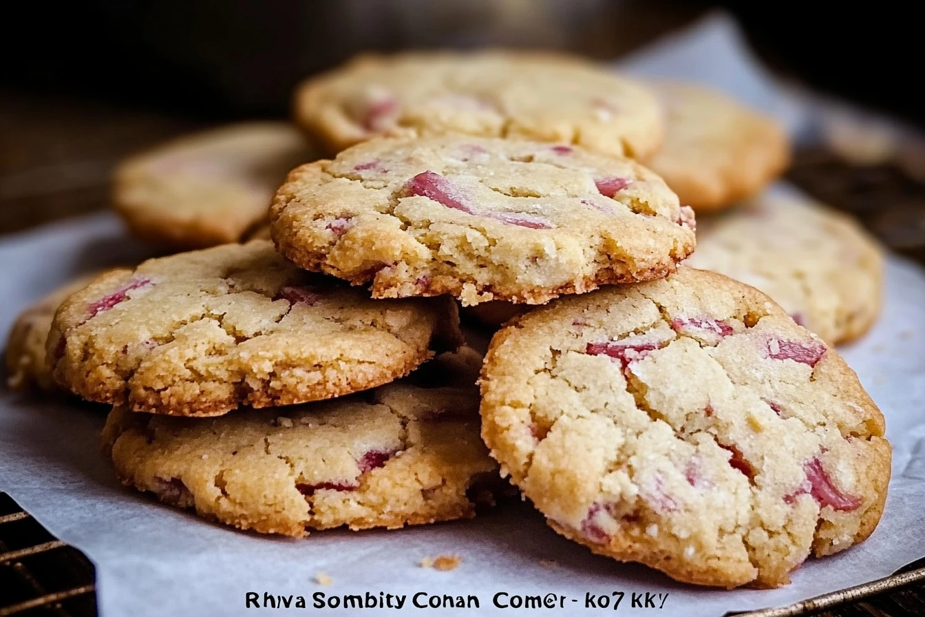 Rhubarb Shortbread Cookies on a plate, showcasing their delicious texture.