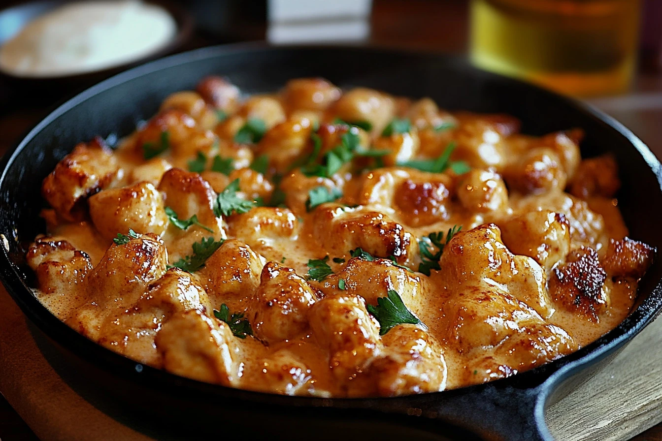 Texas Roadhouse Butter Chicken Skillet served in a sizzling skillet