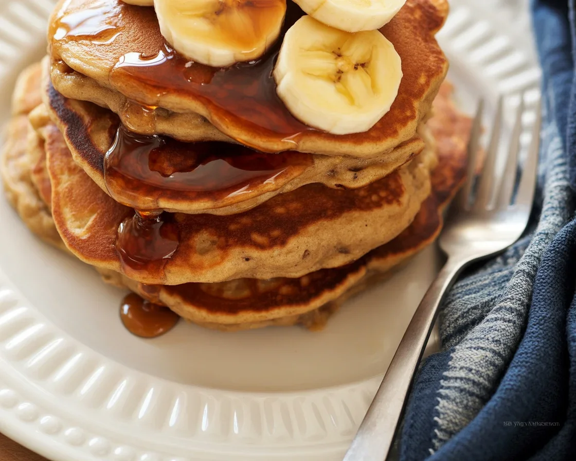 Fluffy whole wheat banana pancakes stacked on a plate with maple syrup and fresh bananas