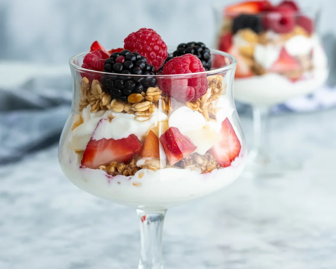 High-protein Greek yogurt parfait with berries and granola