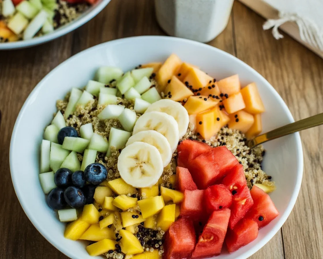 Colorful quinoa breakfast bowl topped with fresh fruits and nuts.