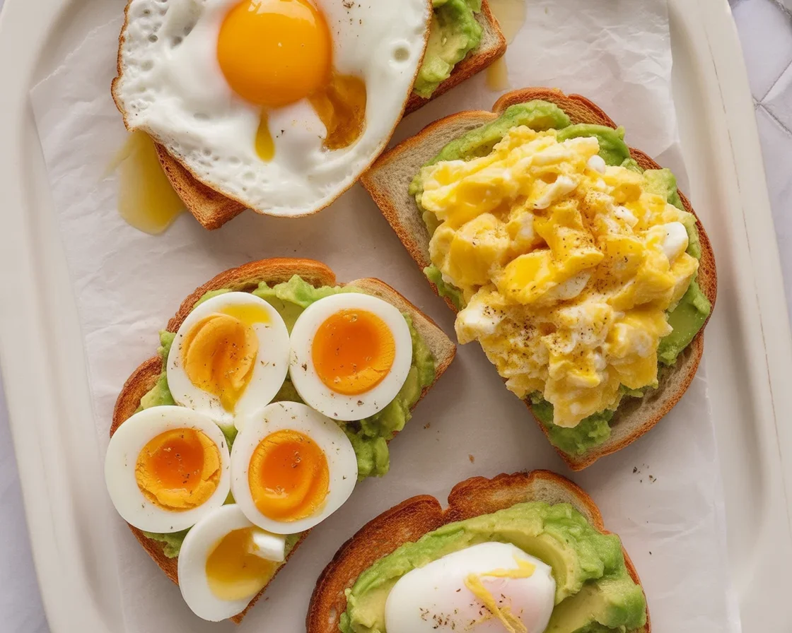 Delicious avocado egg toast topped with a fried egg on crispy whole wheat bread.