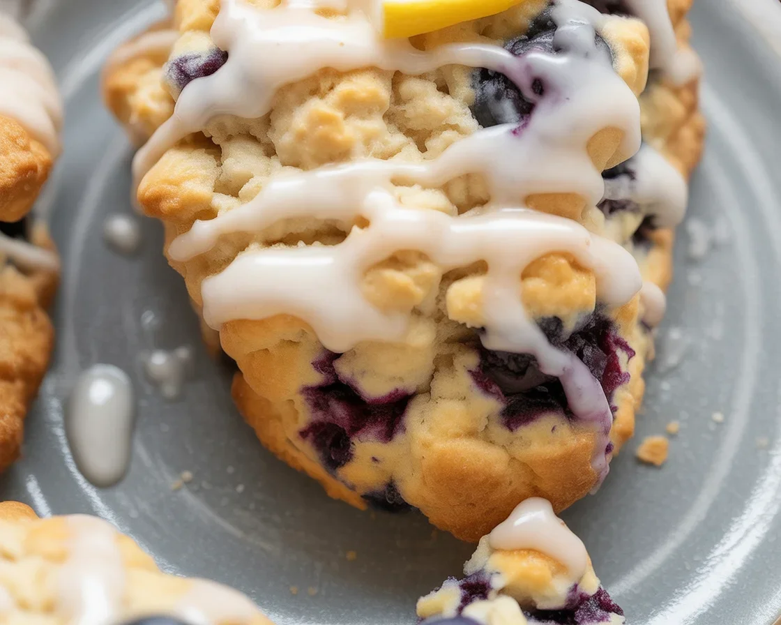 Delicious blueberry lemon scones served fresh for breakfast with a zesty glaze.