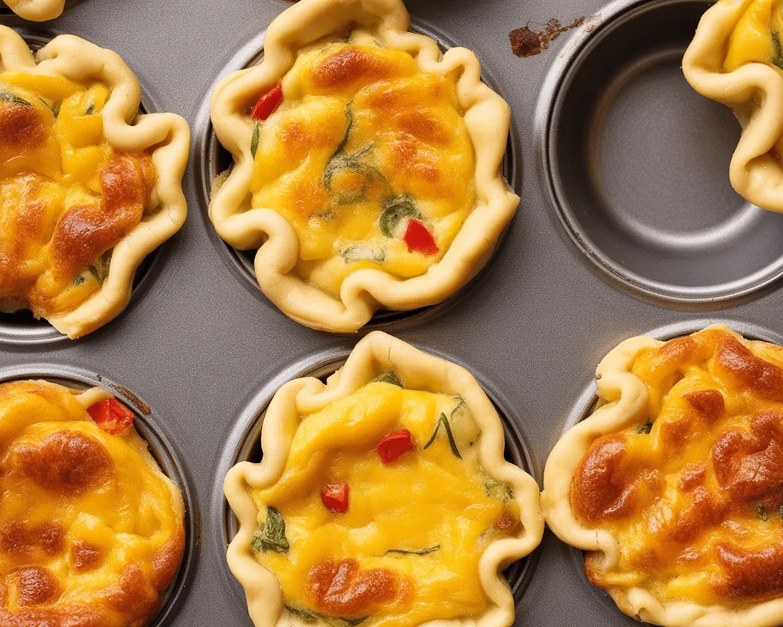 Mini egg quiche cups baked in a muffin tin, easy breakfast recipe