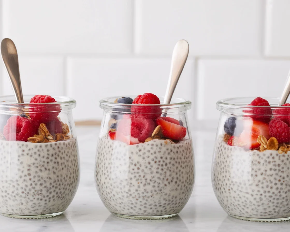 Delicious overnight chia seed pudding topped with fresh fruits and nuts.