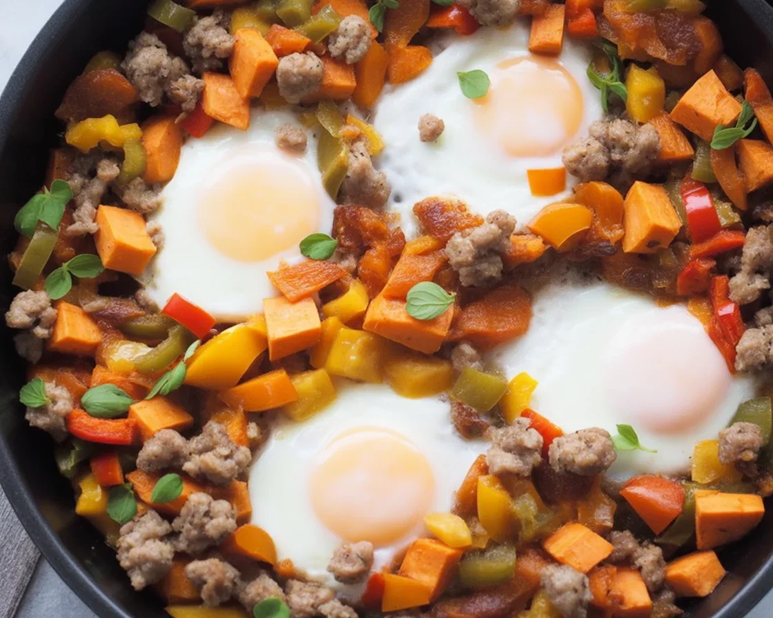 Paleo sweet potato hash with sausage and perfectly cooked eggs for breakfast