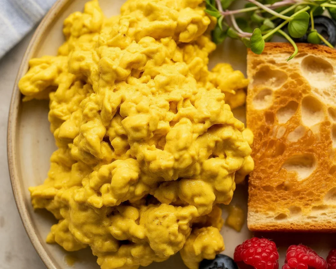 Delicious vegan tofu scramble in a skillet with colorful vegetables.