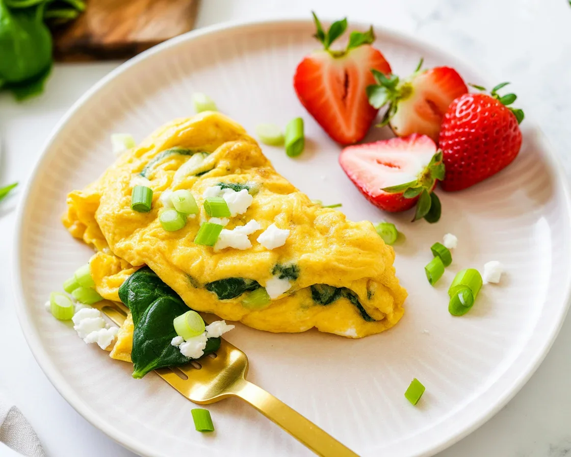 Keto spinach feta omelette garnished and ready to serve.