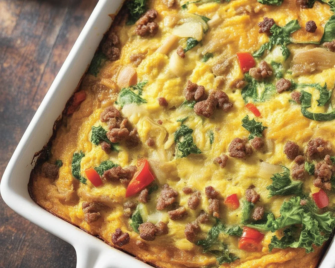 Delicious sweet potato breakfast casserole with sausage and greens baked to perfection.