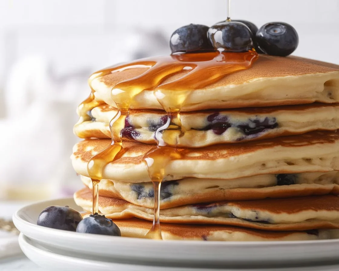 Fluffy gluten-free blueberry pancakes topped with fresh blueberries and syrup.