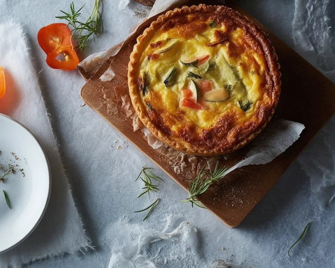 Savory breakfast tart with eggs, cheese, and vegetables baked in flaky puff pastry.