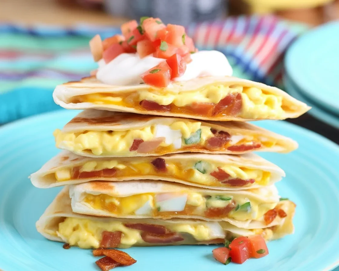 Breakfast quesadilla with bacon, melty cheese, and scrambled eggs on a plate.