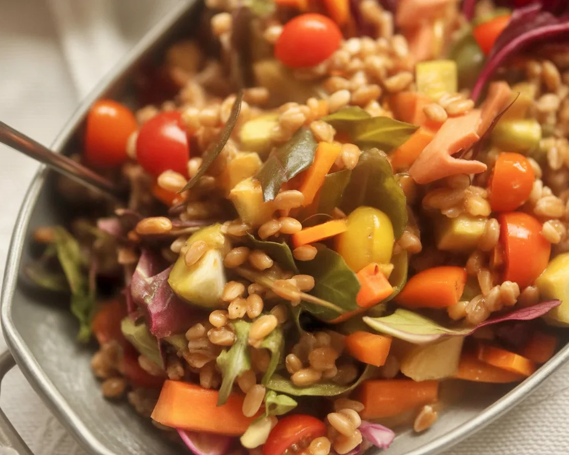 Balsamic roasted veggie farro salad with colorful vegetables and dressing.