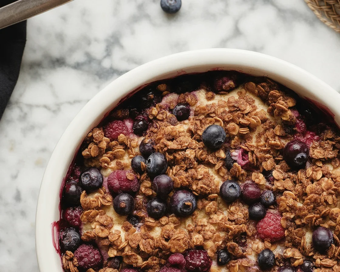 Berry quinoa fruit crumble cups topped with a crunchy quinoa mixture.