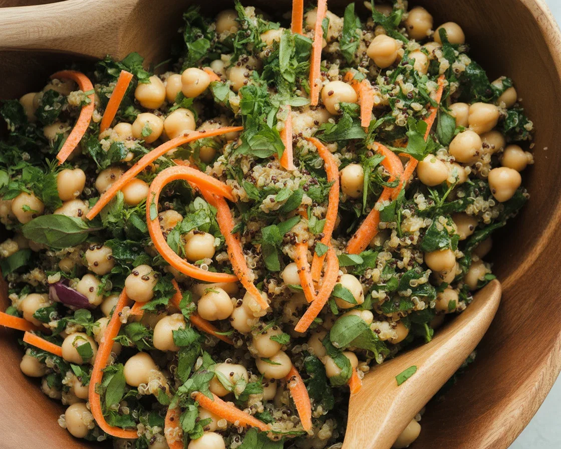 Healthy quinoa kale chickpea power salad with fresh vegetables and lemon dressing.