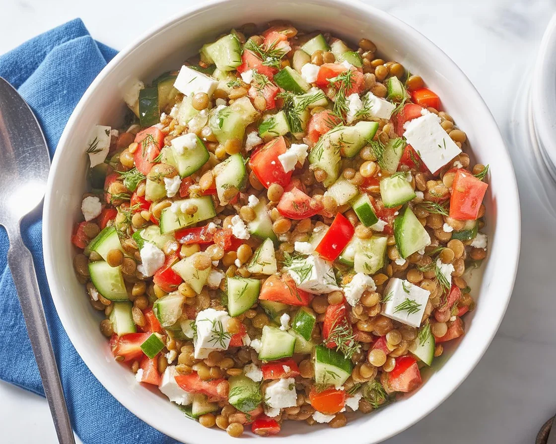 A bowl of lemony lentil salad with feta, parsley, and a vibrant lemon dressing.