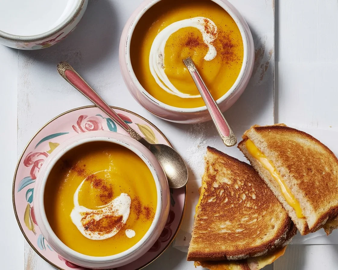 Butternut squash soup served with grilled cheese sandwiches made with apple slices.