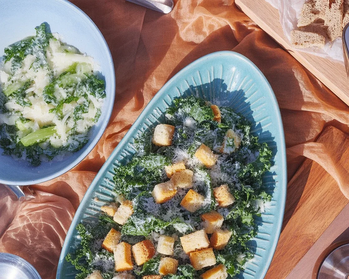 Cacio e pepe kale salad with crispy chickpeas and lemon dressing served on a plate.