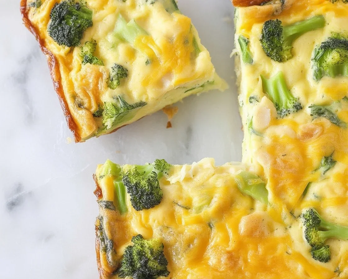 Cheddar and broccoli egg bake in a casserole dish, ready to serve for brunch.