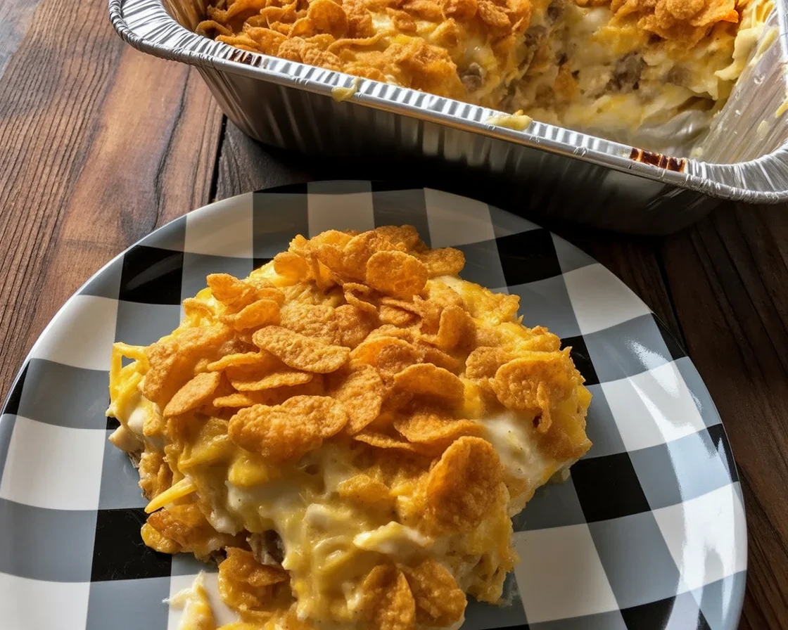 Delicious cheesy hash brown breakfast casserole with eggs, sausage, and melted cheese.