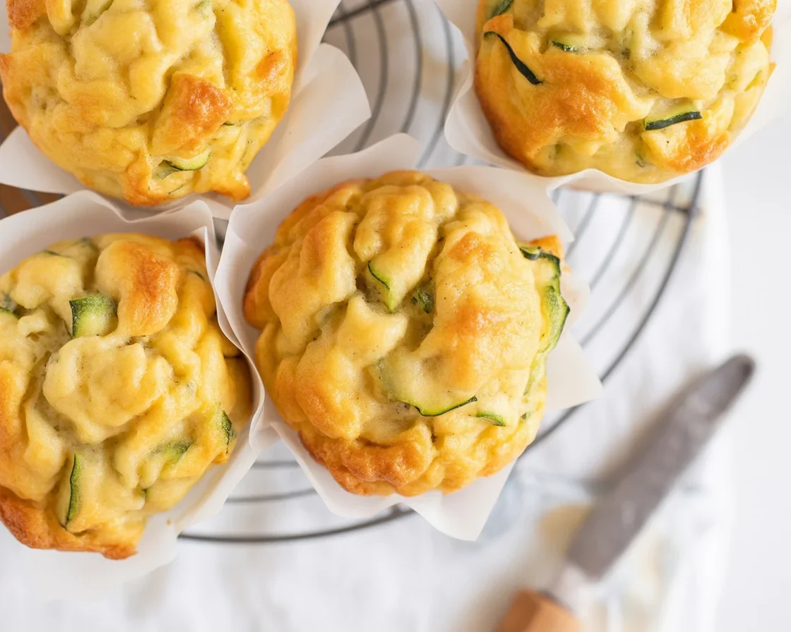 Zucchini and cheese breakfast muffins fresh out of the oven, garnished and ready to eat.