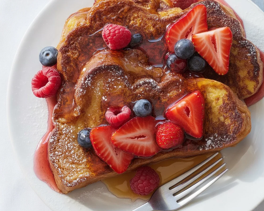 Delicious French toast topped with a cinnamon and honey glaze served on a plate.